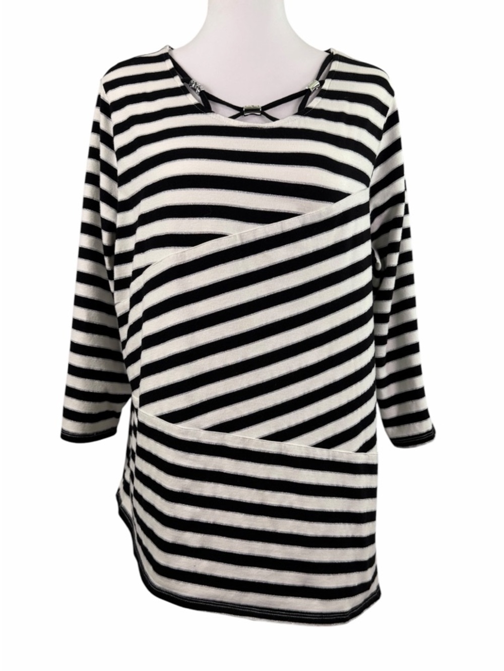 Alfred Dunner Black & White Striped  Asymmetrical Hem Cotton Tunic Top Size L